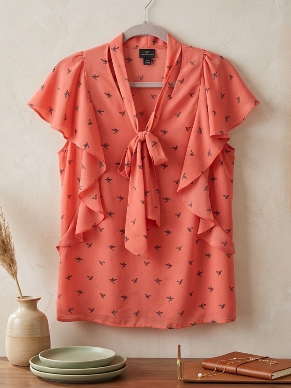 Worthington Coral Tie-Neck Ruffle Blouse with Bird Print